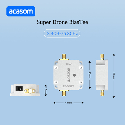 12V Super Drone Bias Tee Pérdida de inserción baja ≤ 0,4 dB para potencia de entrada ≤ 40 dBm y 2,4-2,5 GHz